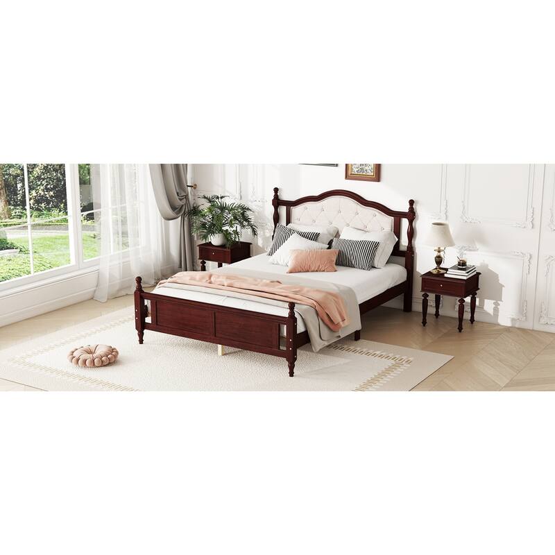 Roomfitters Queen Pine Wood Bed Frame with Upholstered Headboard and Panel Footboard, Platform Support Design, Cherry