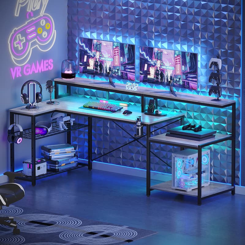 Bestier 71.5“” Computer Desk with Power Outlets, L Shaped LED Home Office Desk with Long Monitor Stand and Cup Holder & Hooks