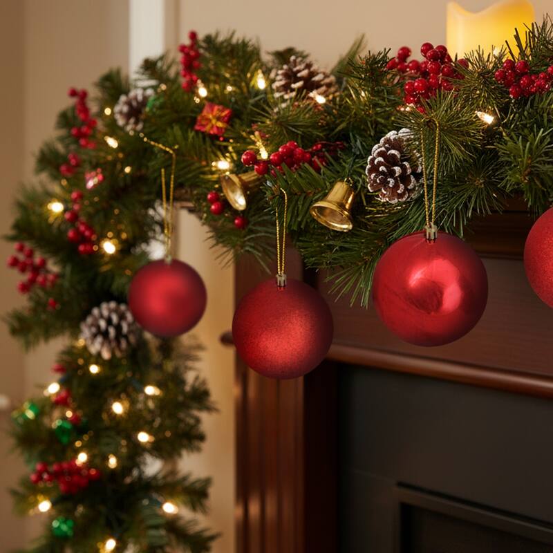 Shatterproof 4-Finish Christmas Ball Ornaments - 4" (100mm) - Red - 12ct