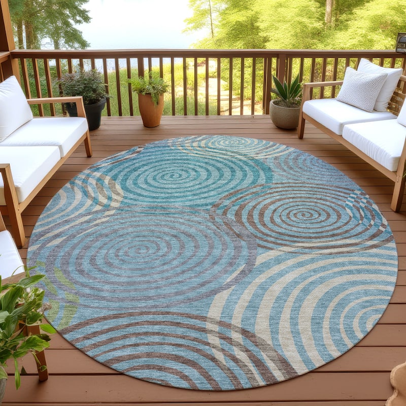 Machine Washable Indoor/ Outdoor Contemporary Swirls Chantille Rug - Teal - 8' x 8'