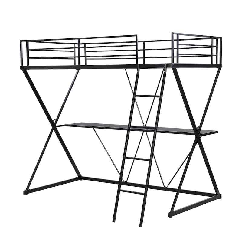 Industrial Style Twin Size Loft Bed with Desk, Ladder and Full-Length Guardrails Top Bunk, X-Shaped Metal Frame Support