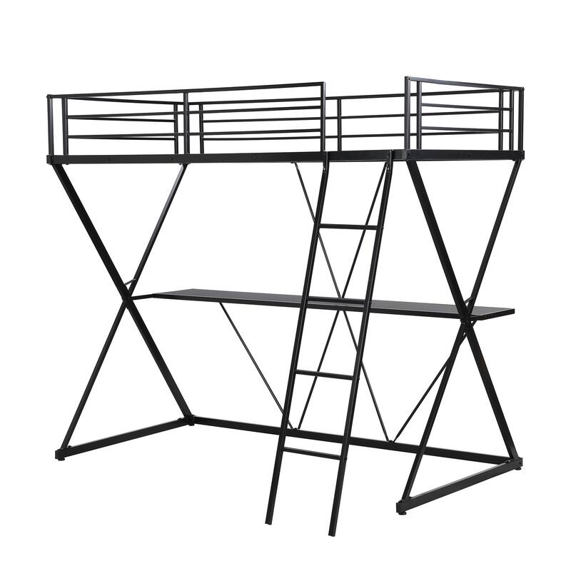 Twin Size Metal Loft Bed with Desk, Ladder and FullLength Guardrails