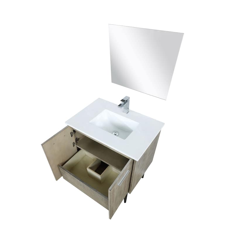 Lancy 30 in W x 20 in D Rustic Acacia Bath Vanity, White Quartz Top, Chrome Faucet Set and 28 in Mirror