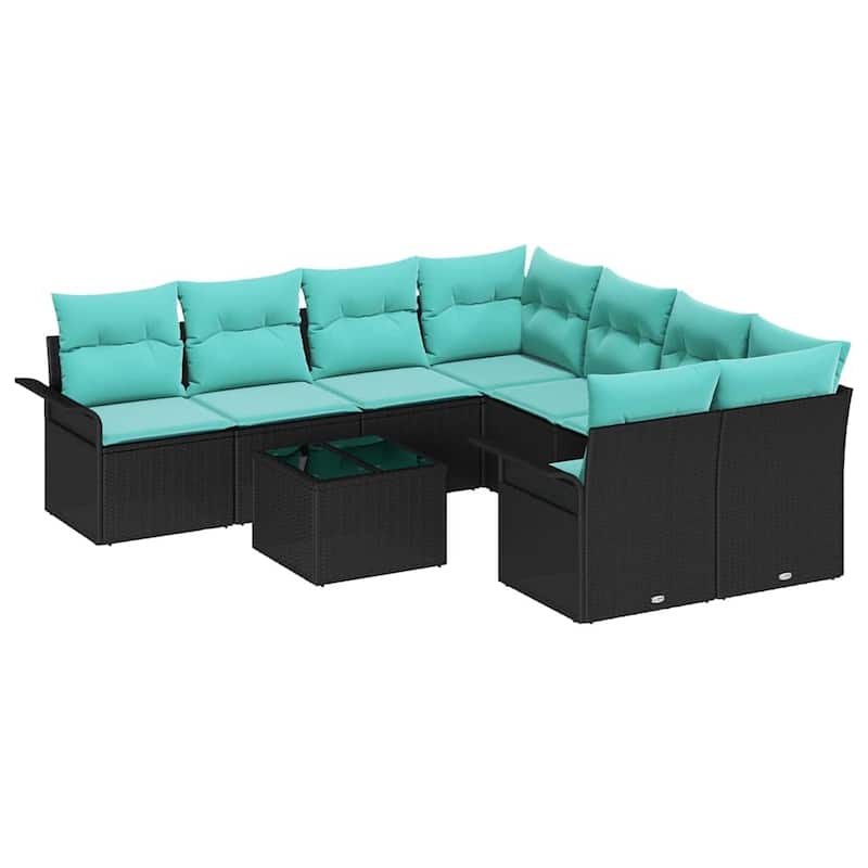 vidaXL 9 Garden Sofa Set with Cushions Black Poly Rattan - 95.9 x 92.1 x 27.2