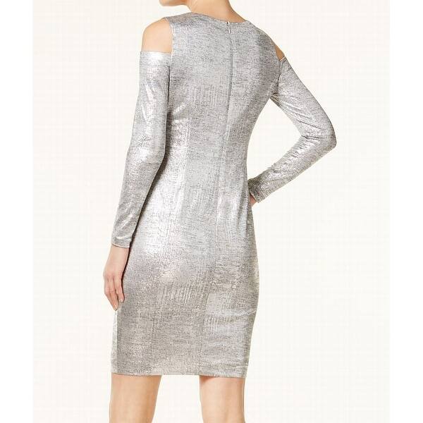 Shop Calvin Klein Silver Womens 10 Metallic Cold Shoulder Sheath