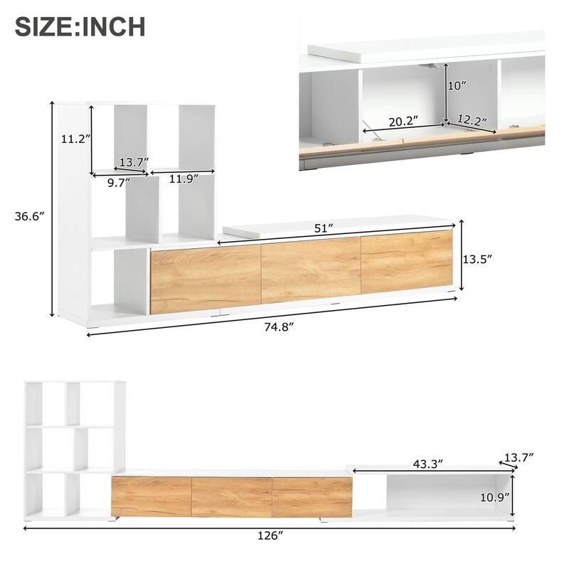 Modern Extended TV Stand with 3-Tier Bookshelves, Storage Cabinets and Sliding Tabletop, for Living Room, White