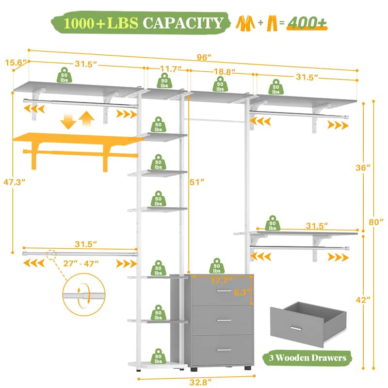 96'' Wide Heavy-duty Closet Organizer, Walk-in Closet System with Drawers and Tower Kit