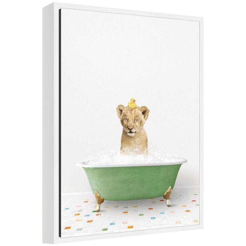 Kate and Laurel Sylvie Lion Cub in Green Bathtub on Colored Tile Framed Canvas by Amy Peterson - White