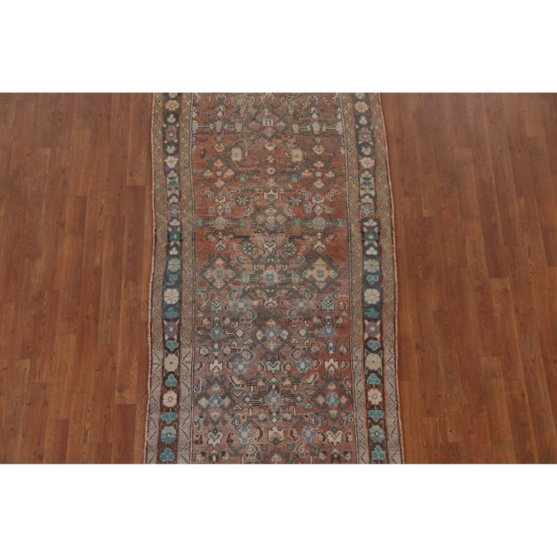 Hand Knotted Oriental 100% Wool Carpet Traditional Geometric Oranges & Rust Hamedan Runner Rug - 9' 1'' X 3' 3''