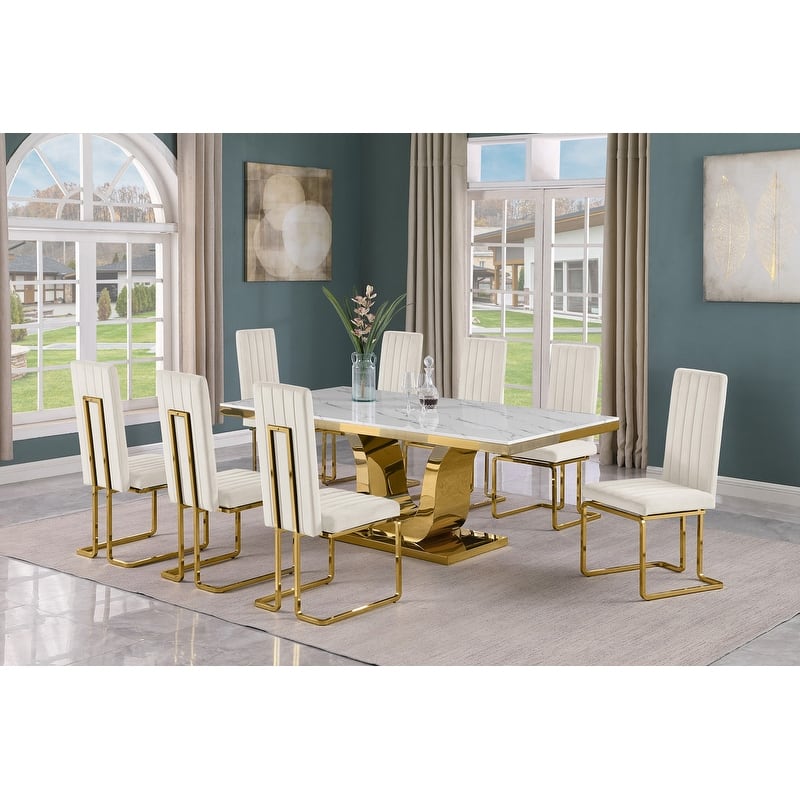 Best Quality Furniture D321-SC344-7 Dining Set with 78" White Marble Top - 9-Piece - Cream / Gold