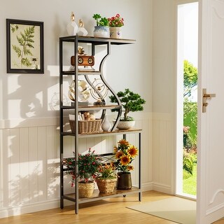 植物棚 industrial (iron shelf) Tall 5-Tier Industrial Metal & Wood Plant Stand, Bookshelf, Bonsai
