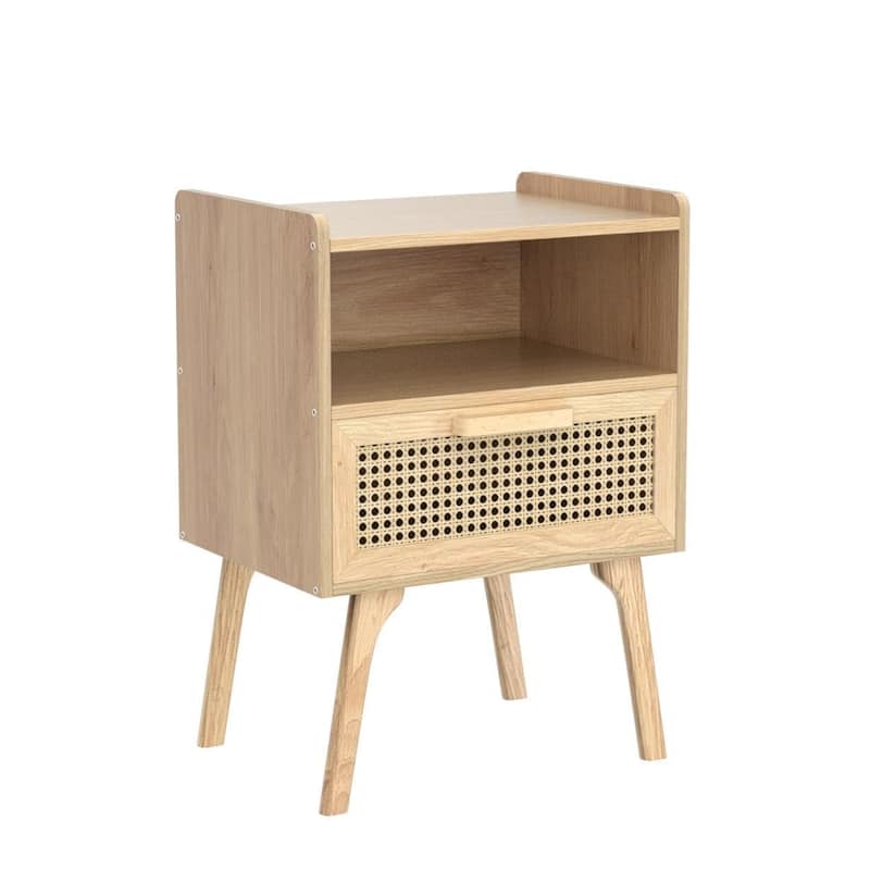 Rattan Nightstand, Boho Side Table with Drawer Open Shelf, Cane Accent Bedside End Table with Solid Wood Legs