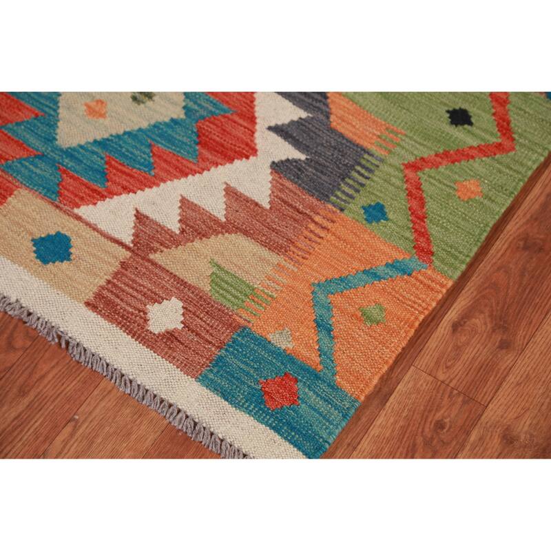 Hand Woven Oriental 100% Wool Carpet Southwestern Geometric Multi-Colored Kilim Runner Rug - 16' 2'' X 2' 10''