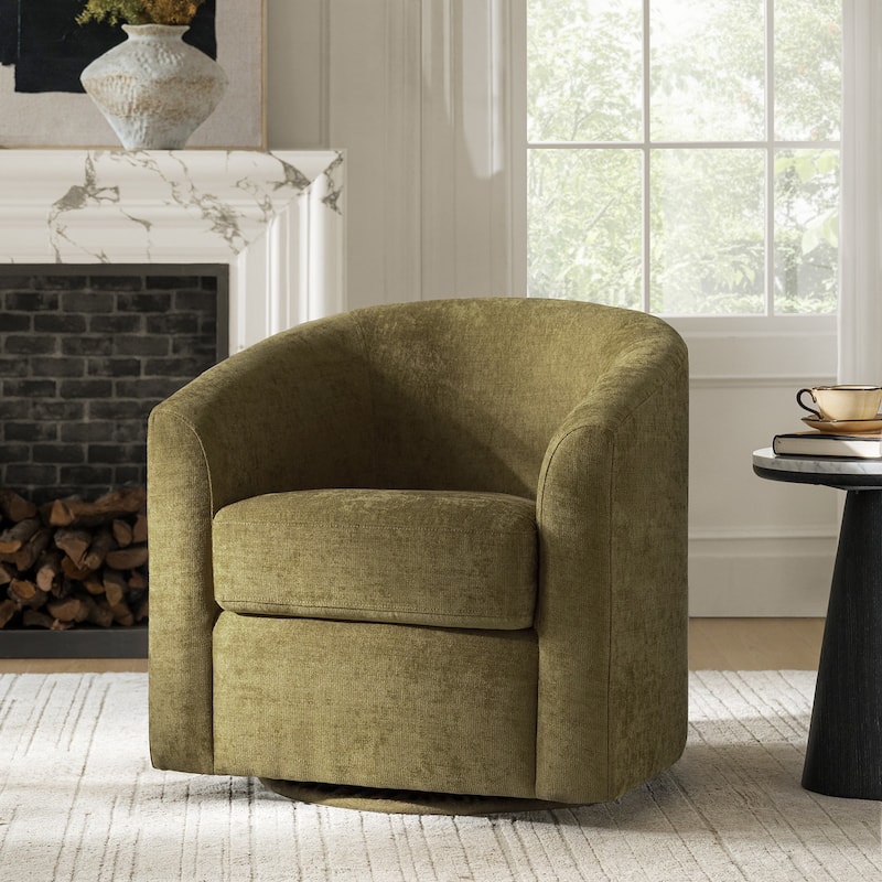 Cuenca Modern Living Room Wooden Upholstered 360° Swivel Barrel Chair with Metal Base and Wide Backrest - Moss