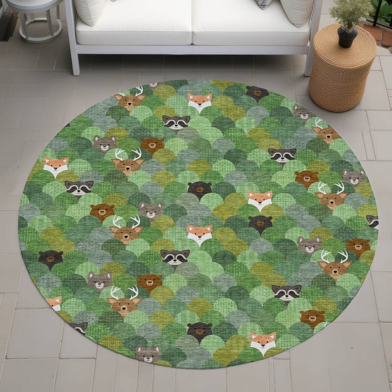 Machine Washable Indoor/ Outdoor Whimsy Critters Chantille Rug - Green - 8' x 8'