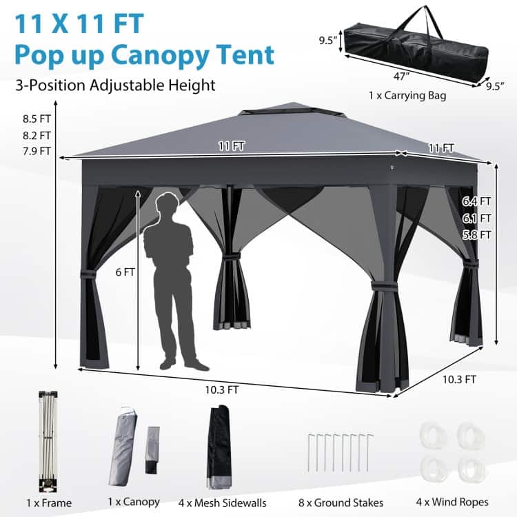 11x11 FT Pop-Up Canopy Tent with Mesh Sidewalls Adjustable Height Outdoor Gazebo