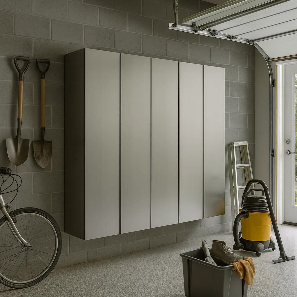 Asti Garage 3 Piece Storage Cabinet, 6 Doors, 94 Inch Gray Metallic