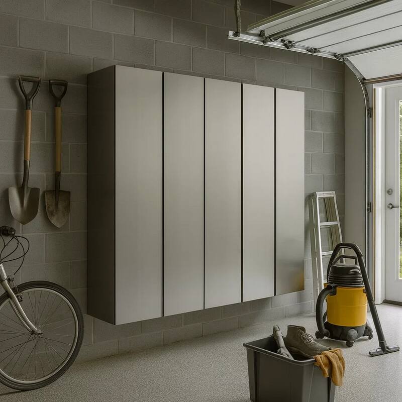 Asti Garage 3 Piece Storage Cabinet, 6 Doors, 94 Inch Gray Metallic