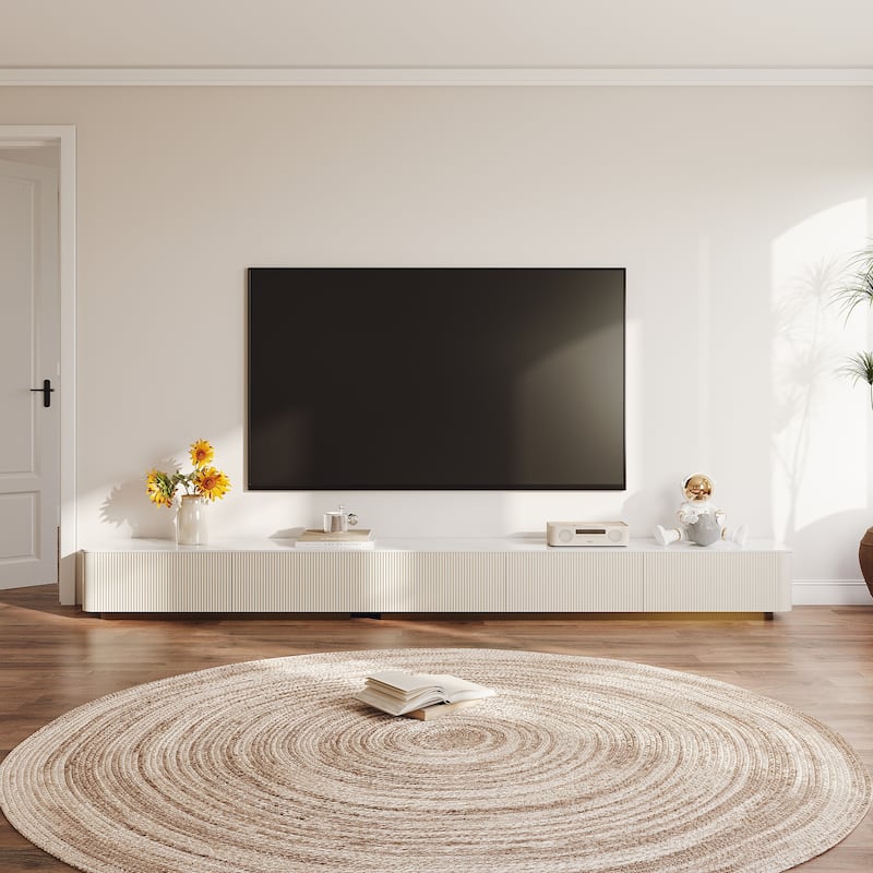 94.5-142" Modern TV Stands, White Glossy Sintered Stoe Table top Media Console with 4-6 Drawers for Option