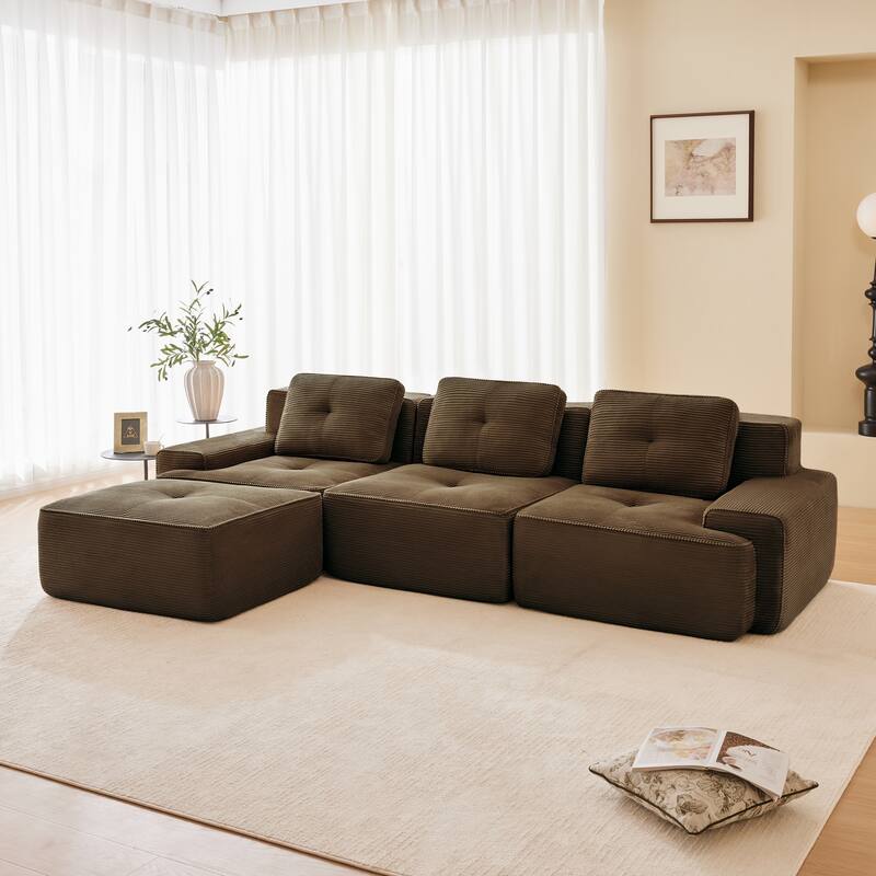 117" Modern L-Shaped Modular Sectional Sofa for Living Room, Corduroy Fabric,3-Seater Couch with Deep Seat and Movable Ottoman