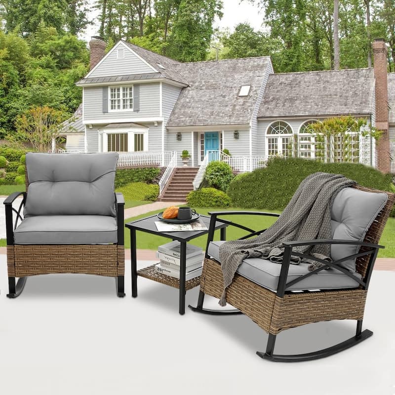 3 Pieces Patio Rocking Rattan Set, Outdoor Bistro Set with Cushions - 1 Table,2 Rocking chairs