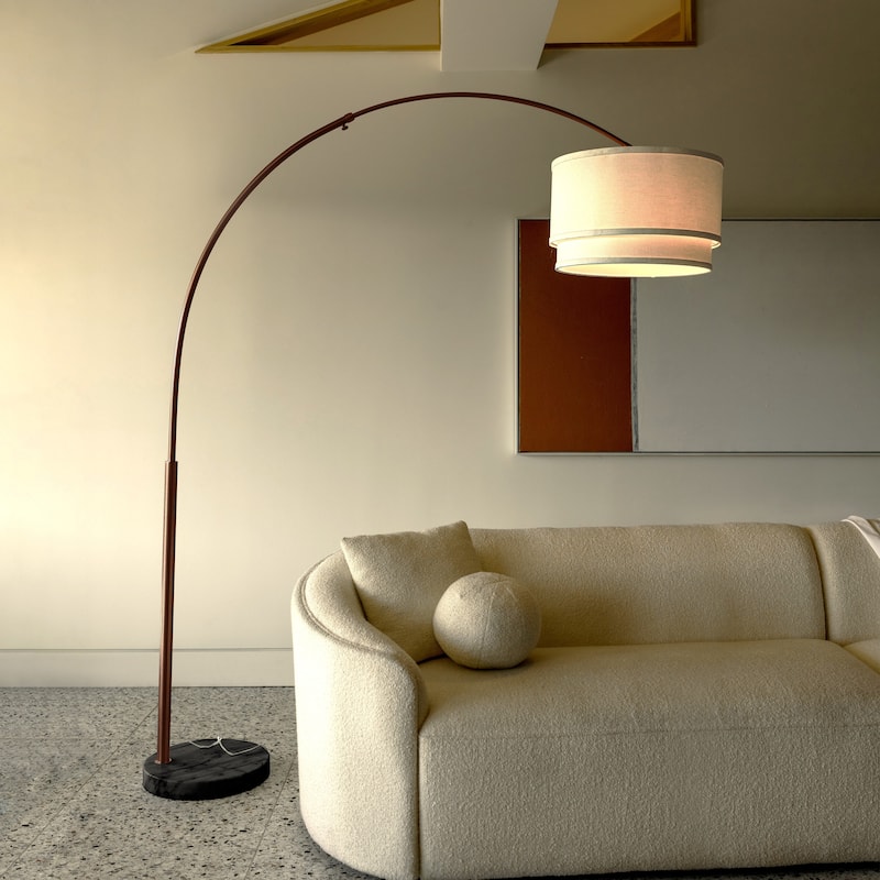 Brightech Mason 81 in. Oil Brushed Bronze Modern Adjustable and Extendable LED Floor Lamp with Beige Fabric Drum Shade