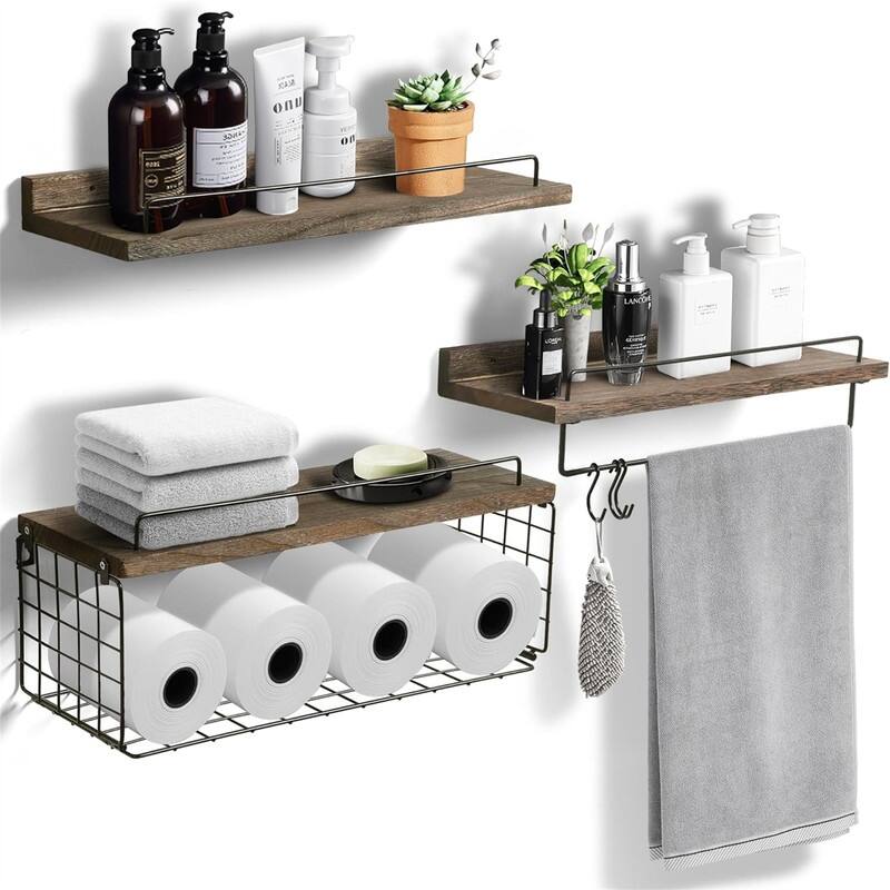 Bathroom Floating Shelves with Wire Basket - 5.9"D x 15.5"W x 0.59"H - 5.9"D x 15.5"W x 0.59"H - Dark Brown