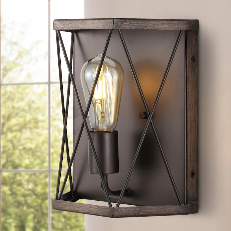 Evan 8.25" 1-Light Rustic Farmhouse Iron LED Sconce, Wood Finished/Oil Rubbed Bronze by JONATHAN Y
