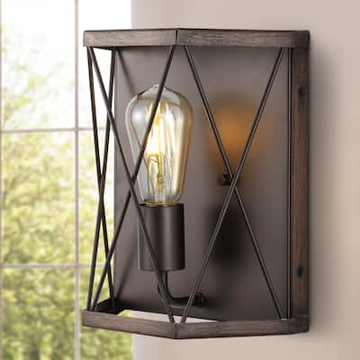 Evan 8.25" 1-Light Rustic Farmhouse Iron LED Sconce, Wood Finished/Oil Rubbed Bronze by JONATHAN Y