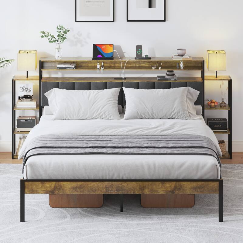 Queen King Size Platform Bed Frame with Storage, LED Lights, and Charging Station, Velvet Upholstered Headboard for Bedroom