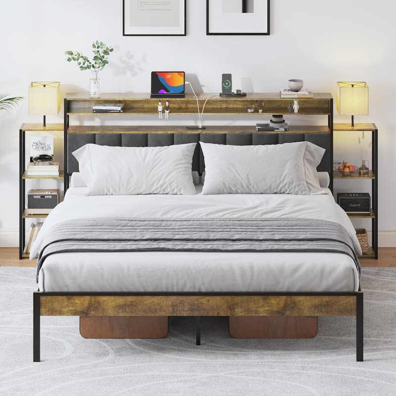 Queen Size Platform Bed with LED Lights and Charging Station