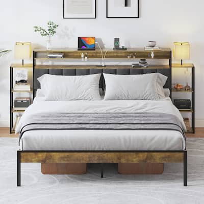 Queen bed Frame with Storage, Platform bed Queen Size with LED Lights and Charging Station, Headboard with Bookcase Shelves