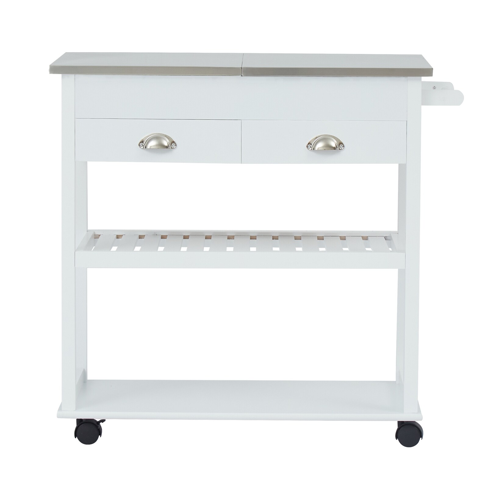 Kitchen Island Cart, Rolling Cart w/ 2 Drawers, 2 Storage Shelves,  Stainless Steel Flip Top Utility Trolley w/ Wheels, White