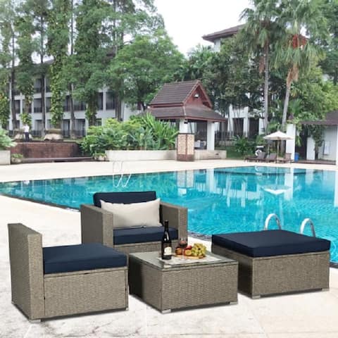 HGMart Outdoor Furniture 4-Piece Rattan Wicker Sectional Cushioned Sofa Sets with 1 Beige Pillow