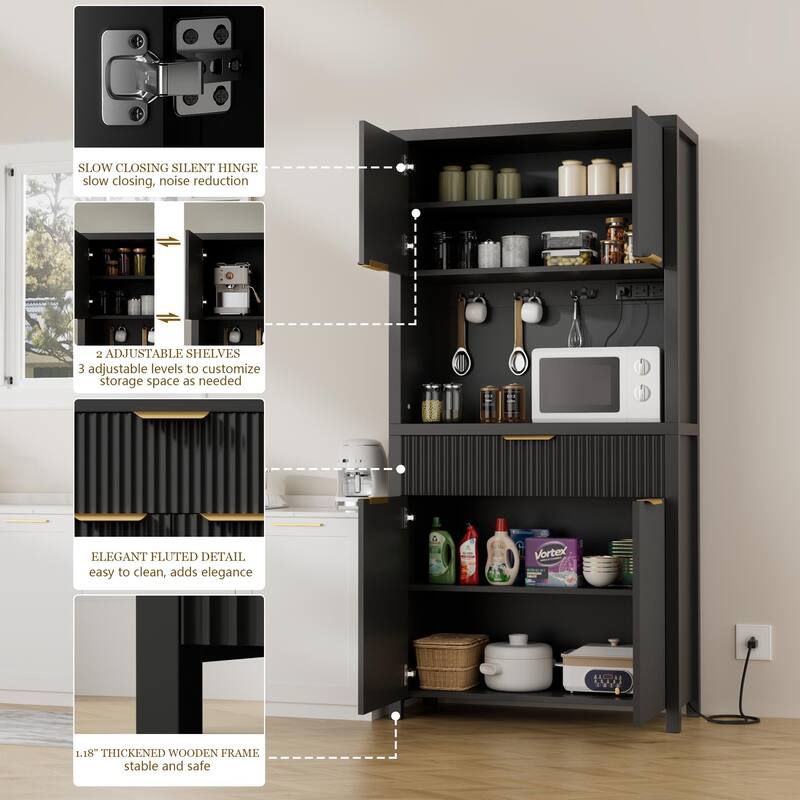 71"Pantry Storage Cabinet with Drawer, Charging Station and Open Countertop for Dining Living Room