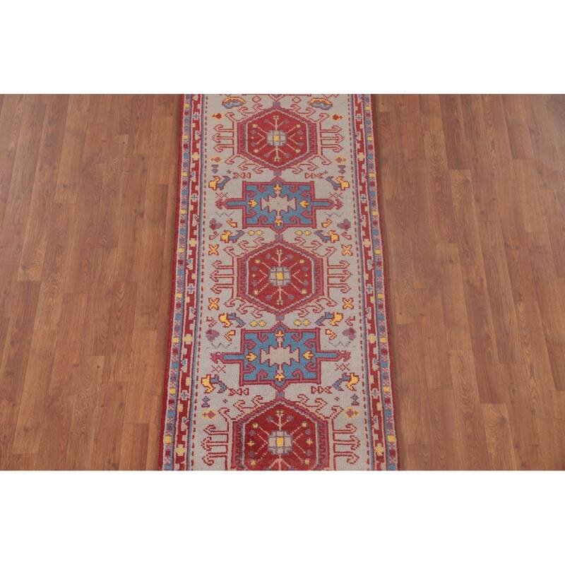 Geometric Grey Kazak Oriental Runner Rug Handmade Wool Carpet - 2'6"x 8'2"