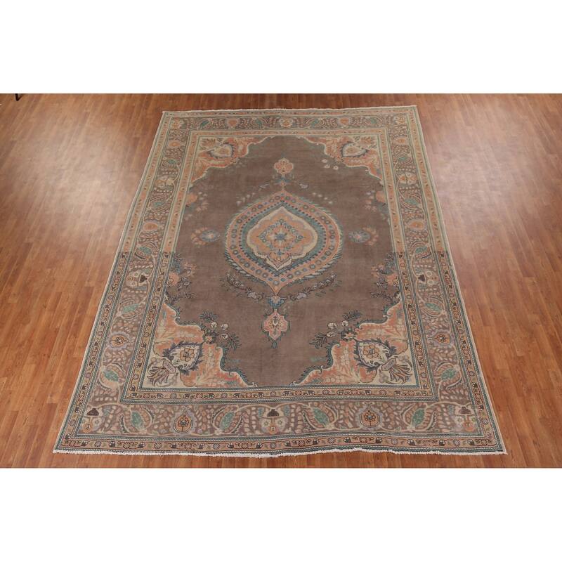 Brown Geometric Tabriz Vintage Persian Area Rug Handmade Wool Carpet - 9'4" x 12'5"