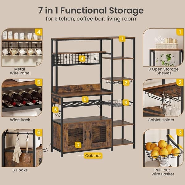 55" Bakers Rack With Power Outlet And LED Light, 5-Tier