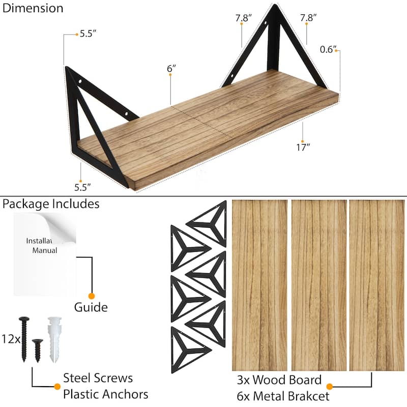 Wallniture Minori Natural Wood Floating Shelves for Wall (Set of 3)