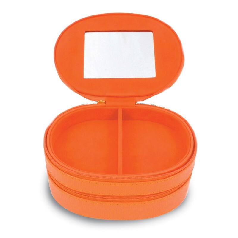 Curata Orange Leather with Mirror Velour Lined Zippered Two Level Jewelry Case