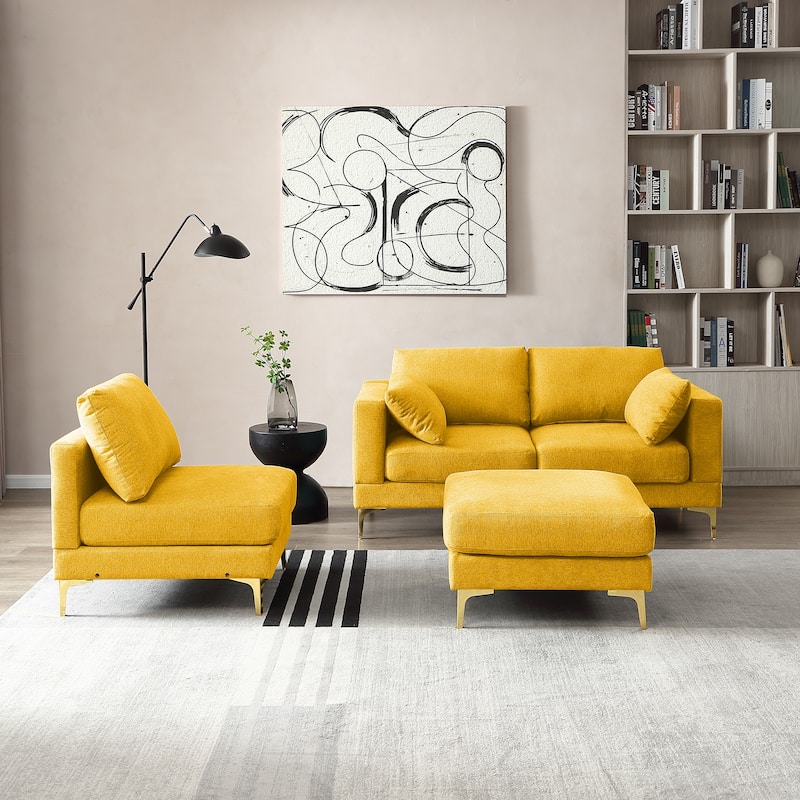 92'' Fabric L-Shape 3-Seater Sofa with Ottoman, Gold Metal Legs, and Toss Pillows