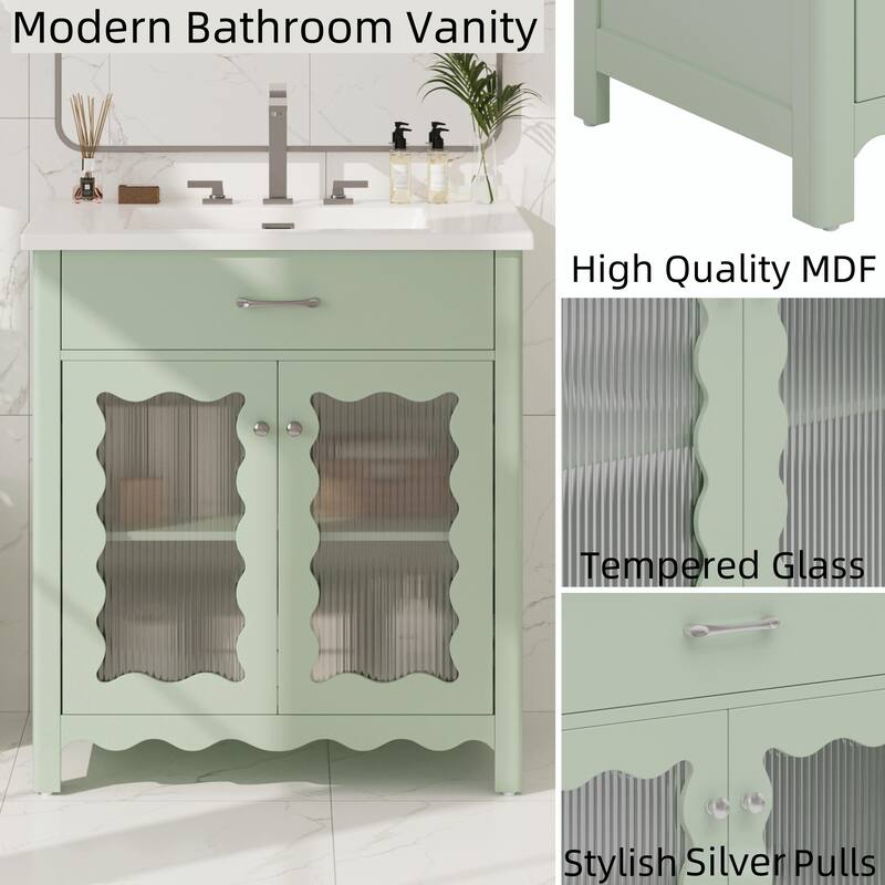 31" Bathroom Vanity with Tempered Glass - Modern Cabinet with Rubber Wood Legs and Soft-Close Doors