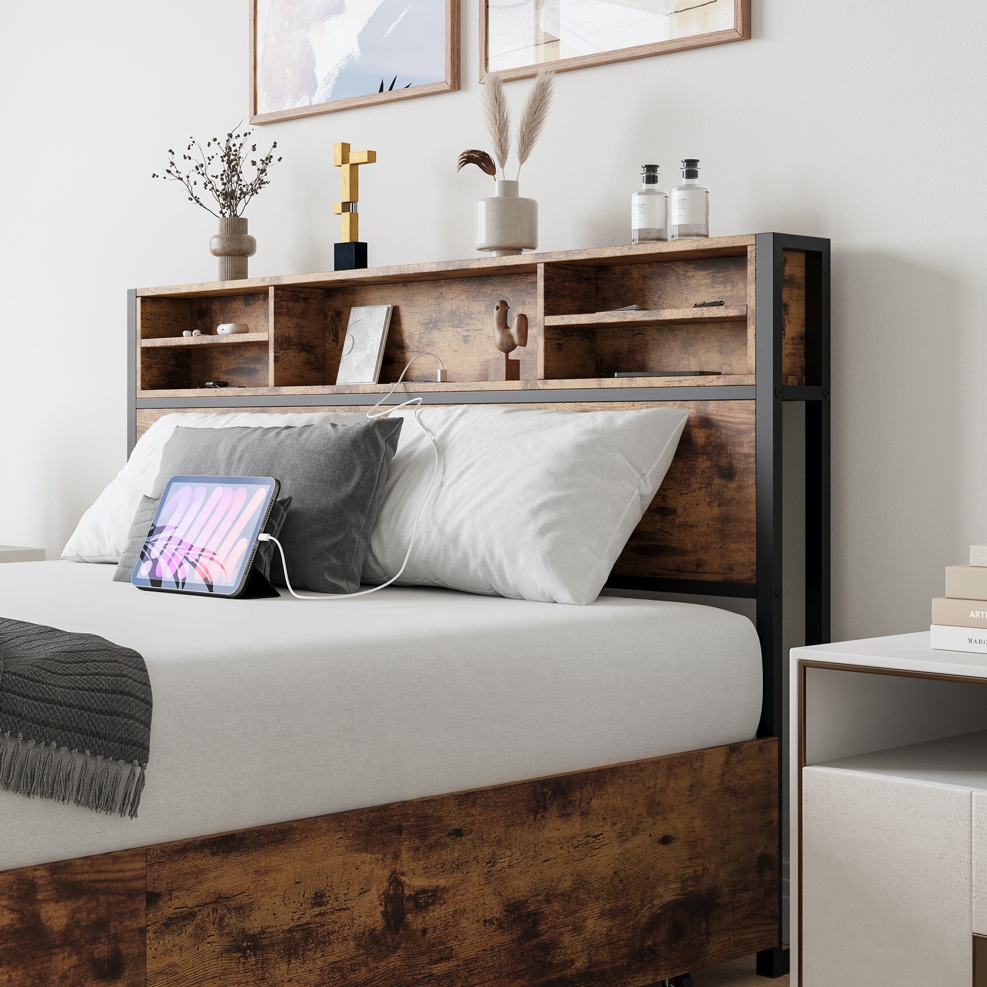 Queen Bed Frame with Storage Headboard, 4 Drawers, and Charging Station