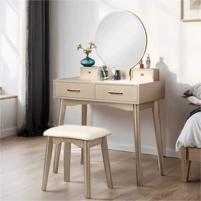 Contemporary Wood Vanity Set with Mirror and Stool