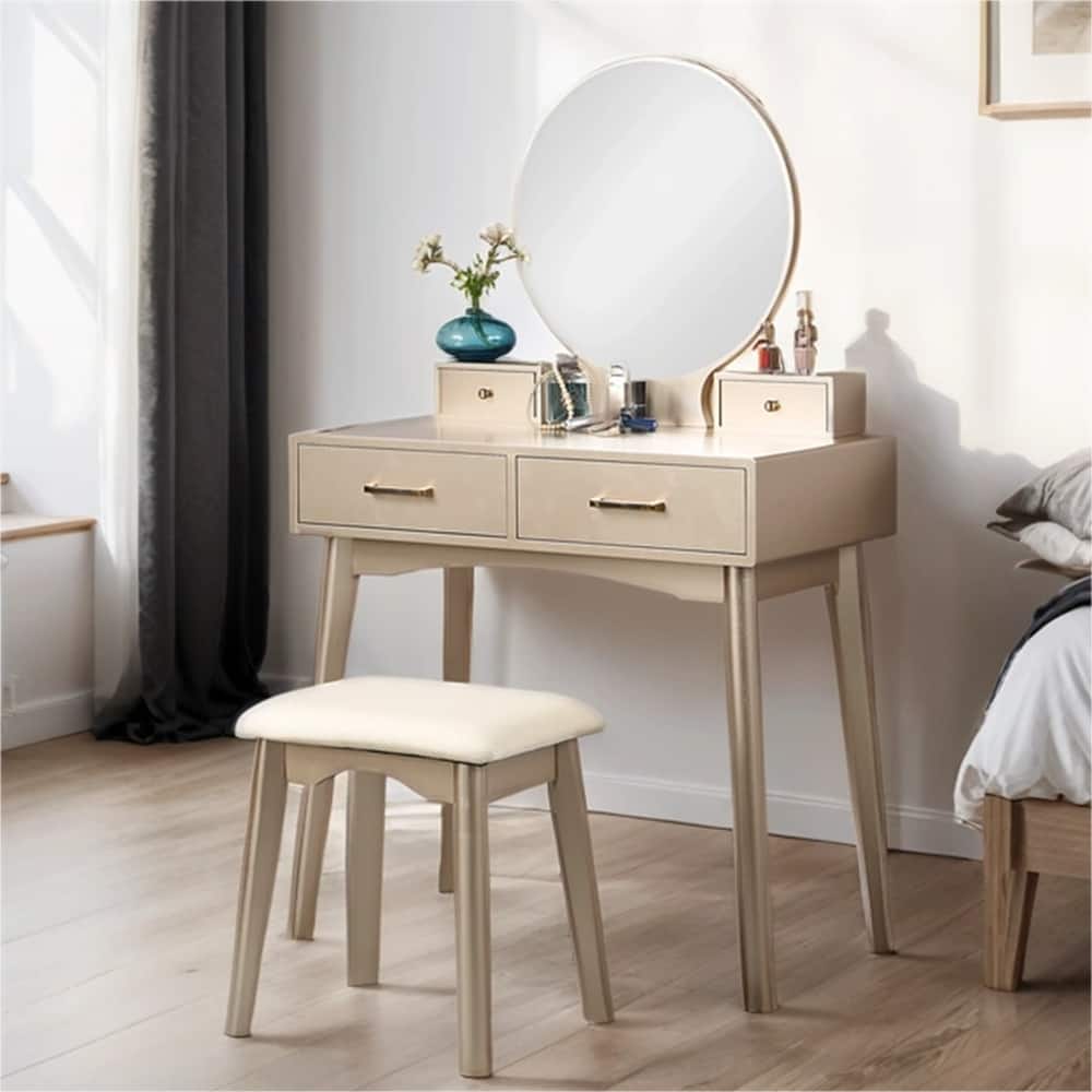 Contemporary Wood Vanity Set with Mirror and Stool