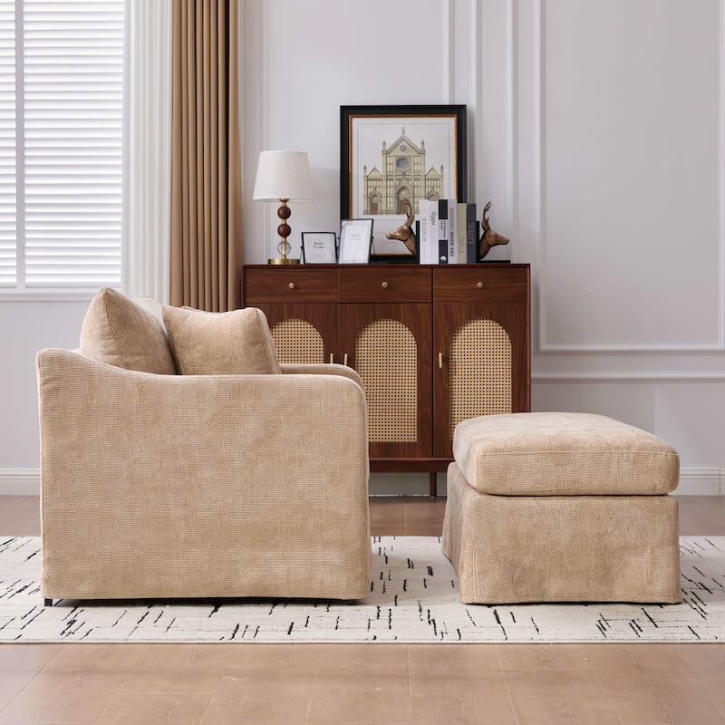 Set of Modern Chenille Accent Chair and Storage Ottoman