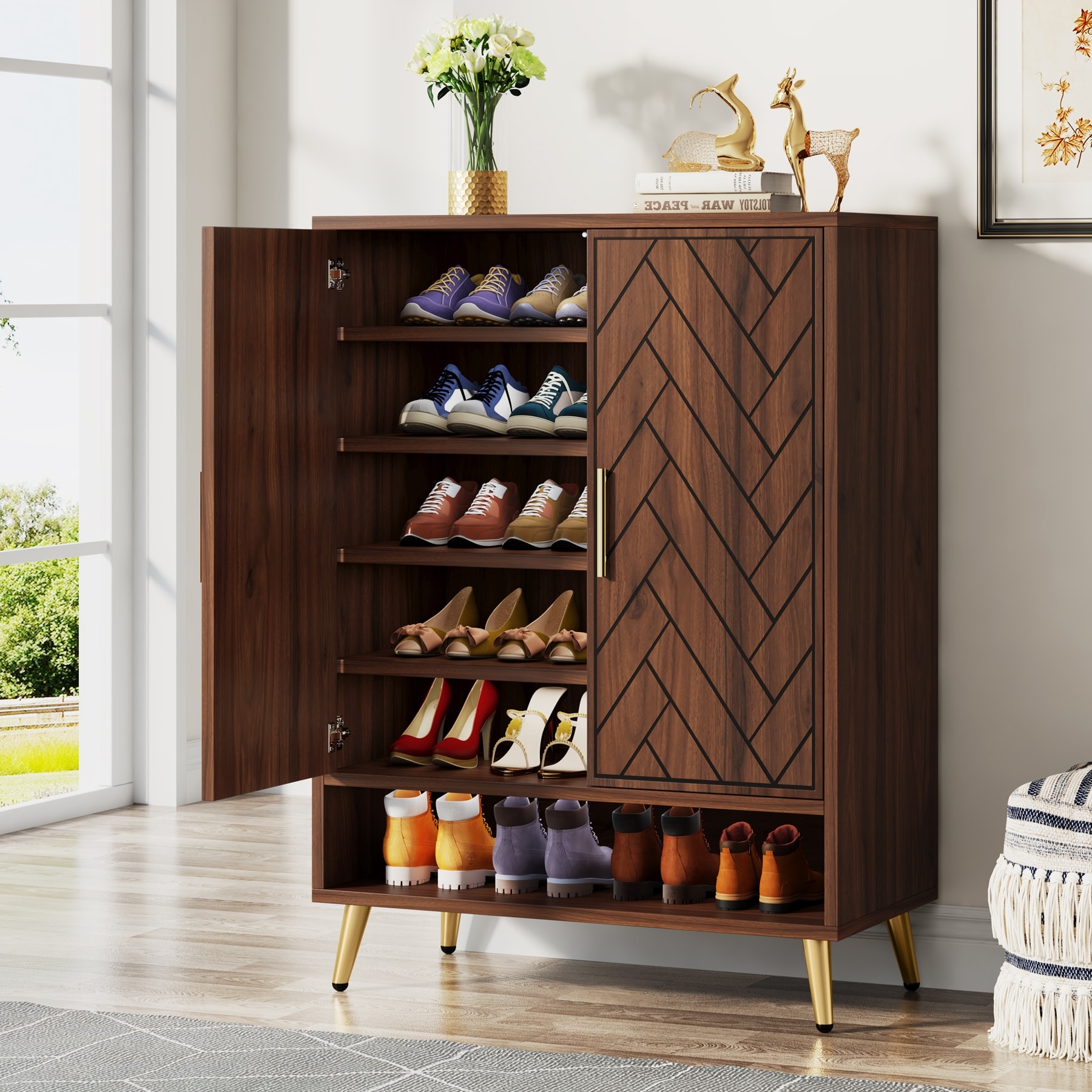 6 Tier 24 Pairs Shoe Storage Cabinet with Doors Brown