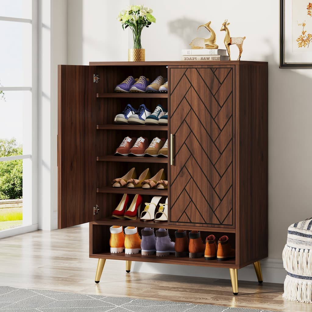 6-Tier Shoe Cabinet with Doors, Wooden Shoe Storage Cabinet with Adjustable Shelves for Entryway, Hallway, Bedroom