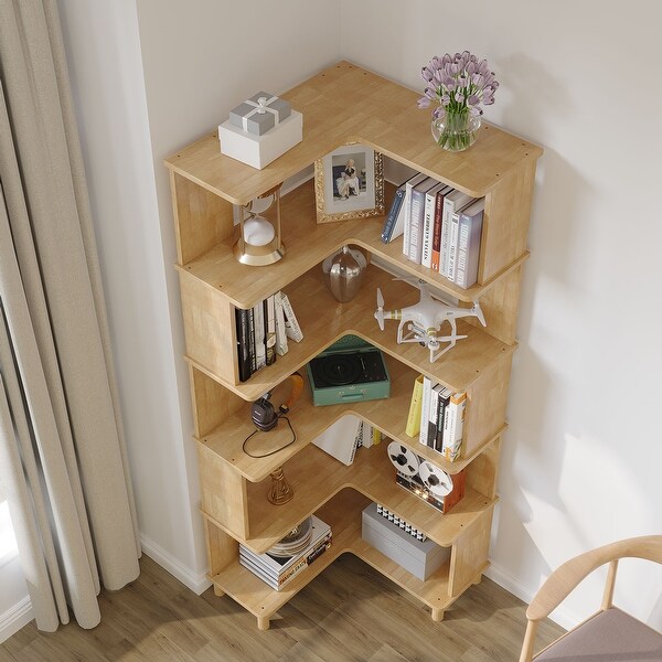 Solid Wood Corner Bookshelf, 6-Tier Oak Storage Rack for Small