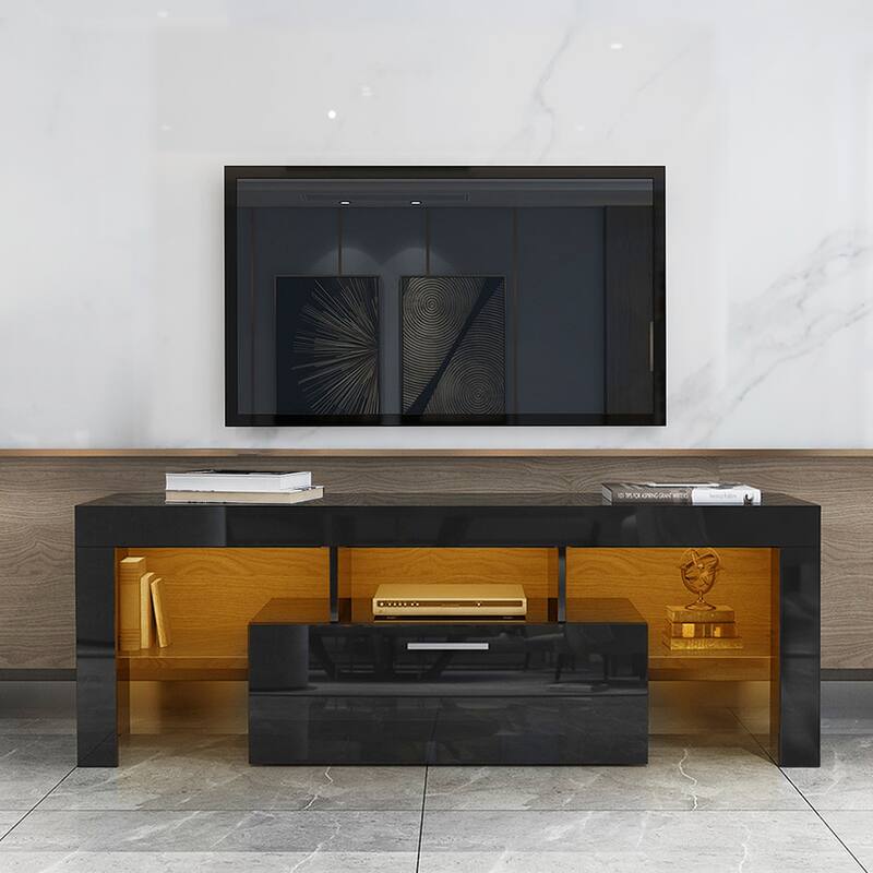 Modern 51-Inch TV Stand with 16-Color RGB LED Lights, Remote Control, and Storage Drawers for TVs up to 55 Inches. - Black